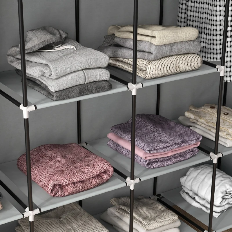 HOMCOM Dulap din Material Textil și Oțel cu 10 Compartimente, 4 Sertare și Uși cu Fermoar, Gri