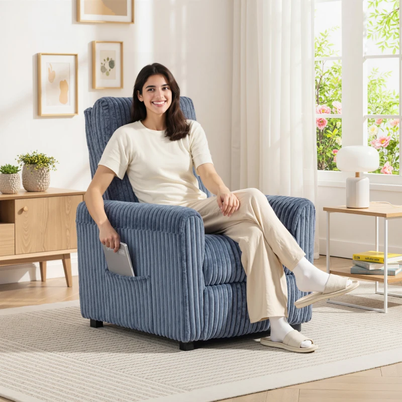 HOMCOM Sillón Relax Reclinable Manual Tapizado en Pana Instalación Rápida Reposapiés Acolchado Grueso Azul Oscuro