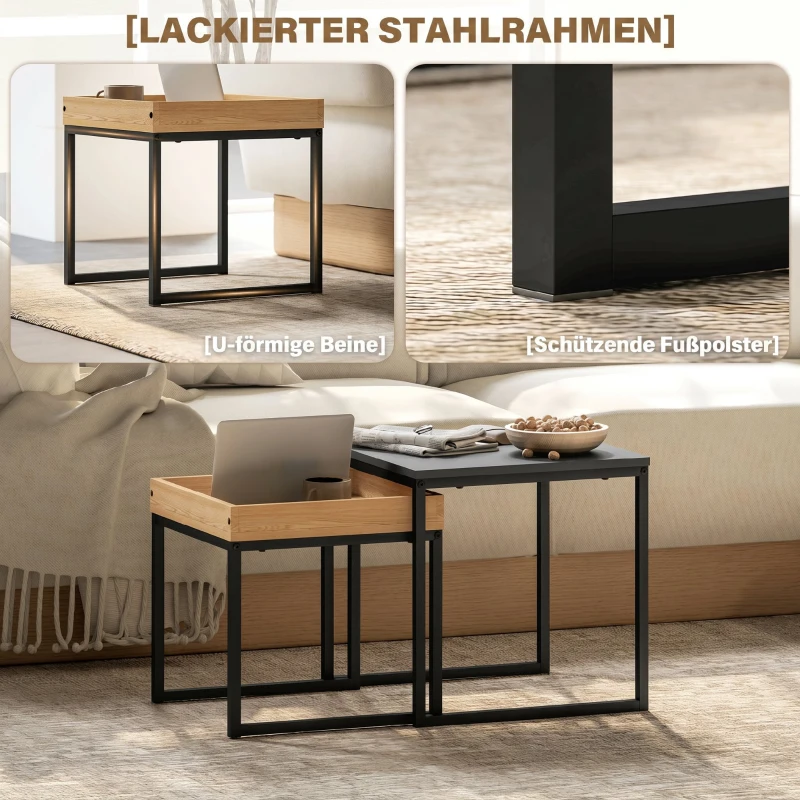 HOMCOM Lot de 2 tables basses gigognes carrées, tables gigognes de salon avec cadre en acier, style moderne, noir