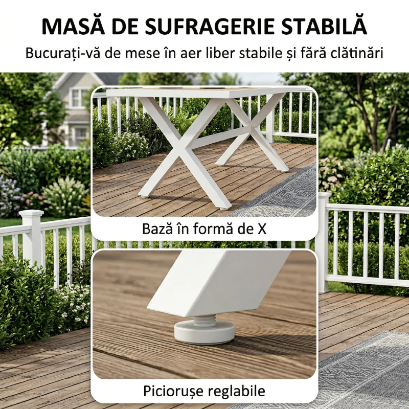 Outsunny Set Masă și Scaune de Grădină 7 Piese, Set Prânz Exterior din Aluminiu cu 6 Scaune Stivuibile, Masă cu Șipci Imitatie Lemn, pentru Terasă, Balcon, Patio, Teak