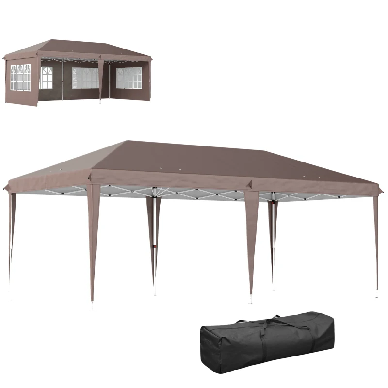 Outsunny Carpa Plegable 6x3 m Pop-up con 4 Laterales Desmontables Cenador de Jardín con 4 Ventanas y Bolsa de Transporte Café