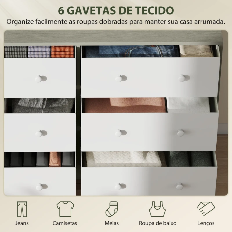 HOMCOM Cómoda com 6 Gavetas de Tecido Cómoda para Quarto Estrutura de Aço e MDF 114x30x70 cm Branco e Cinza