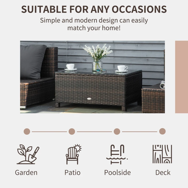 Outsunny PE Rattan Garden Coffee Table with Glass Table Top - Brown
