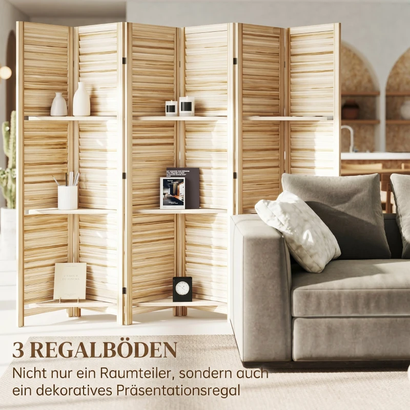 HOMCOM Paravent intérieur en bois 4 panneaux 160 x 170 cm, séparateur de pièce pliable 3 étagères, bois naturel effet brûlé