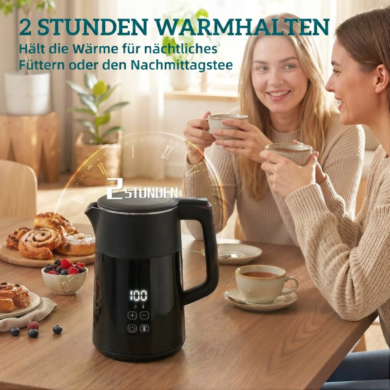 HOMCOM Elektrischer Wasserkocher, 1,7L, Schnellkochend, 2200W, mit LED-Display, Warmhaltefunktion, Trockenkochschutz, PTFE-frei