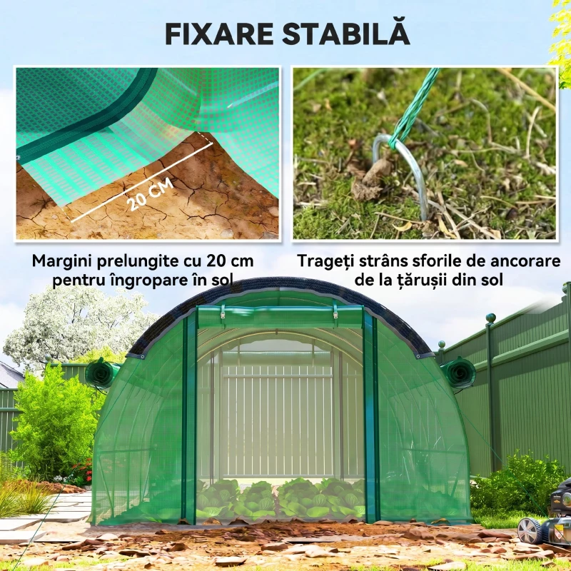 Outsunny Seră de Grădină Tip Tunel 4x3x2 m cu Plasă de Umbrire, Seră pentru Grădină cu 8 Ferestre, 2 Uși și Pereți Laterali Rulanți, Cadru din Oțel și Acoperire din PE, pentru Legume și Flori, Verde