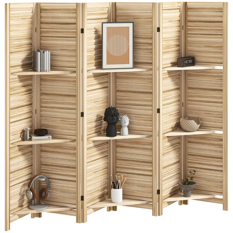 HOMCOM Paravent intérieur en bois 4 panneaux 160 x 170 cm, séparateur de pièce pliable 3 étagères, bois naturel effet brûlé