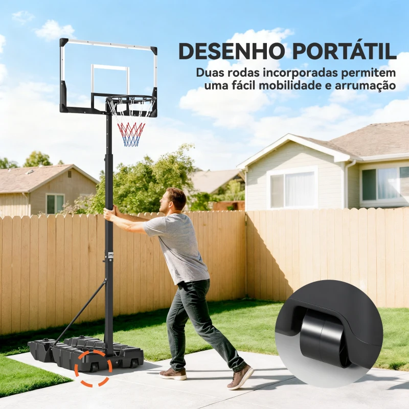 SPORTNOW Tabela de Basquetebol para Exterior com Altura Ajustável Portátil Estrutura Dobrável Painel Inquebrável Rodas e Base Preenchível 120x70x300-375 cm Preto