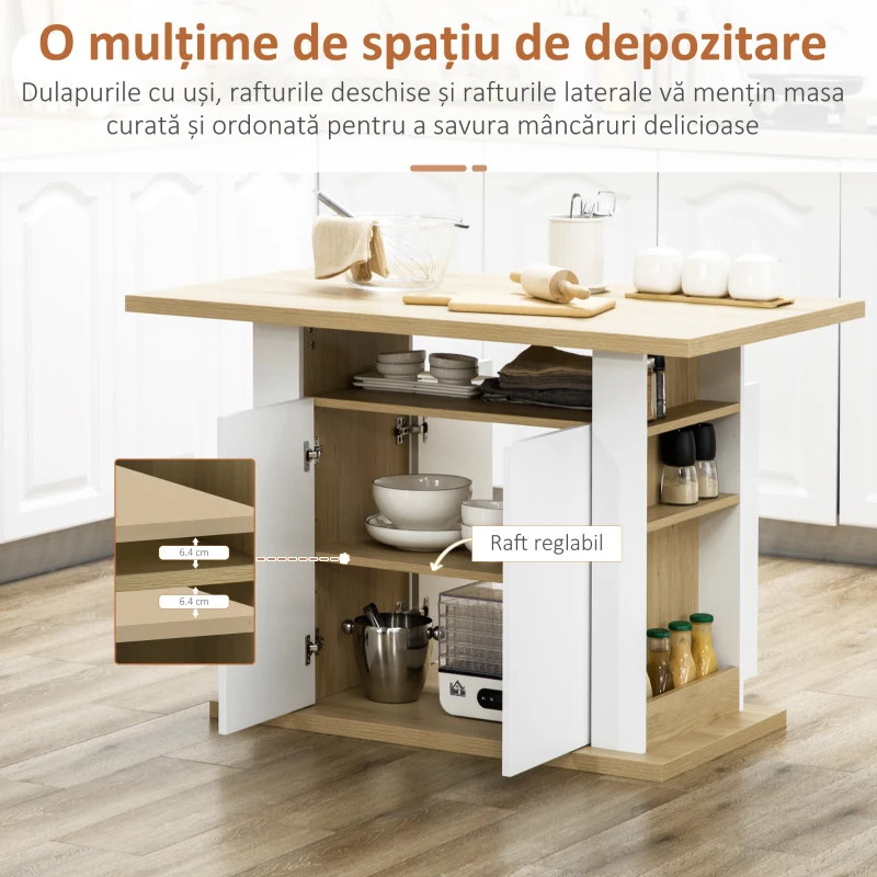 HOMCOM Insulă de Bucătărie pentru 4-6 Persoane cu Dulapuri și Rafturi Deschise, din PAL, 110x70x75,5 cm, Alb și Lemn Natural