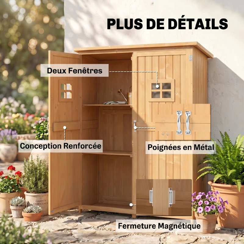 Outsunny Abri de Jardin en bois Armoire de Jardin dim. 127,5L x 50l x 164H cm 2 étagères 2 Portes 2 fenêtres Toit bitumé étanche Bois Massif Sapin pré-huilé bois naturel