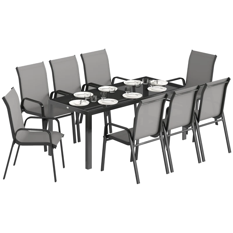Outsunny Set da Esterno 9pz con 8 Sedie Impilabili in Texteline e Tavolino da Caffè con Piano in Vetro, Grigio Chiaro