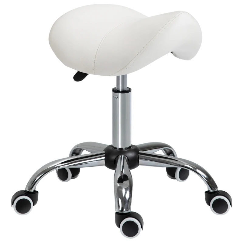 HOMCOM Height Adjustable Saddle Stool with Swivel Wheels, Faux Leather Salon Chair for Hairdressing, Beauty, Tattoo, White(m-21)
