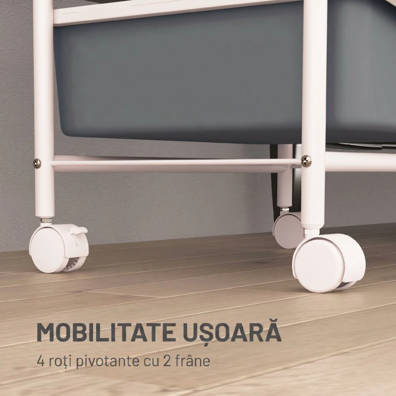 HOMCOM Cărucior de Depozitare cu 2 Tăvi Fixe și 3 Tăvi Glisante, din Oțel și PP, 40x34x85 cm, Alb și Gri