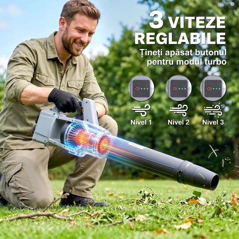 Outsunny Suflător cu Baterie 36V, Suflător de Frunze cu 2 Baterii 4Ah, Motor Brushless 1000W, 3 Niveluri de Viteză 270 km/h, Turbo Boost, Încărcător, Ușor, pentru Grădină, Frunze, Zăpadă, Praf