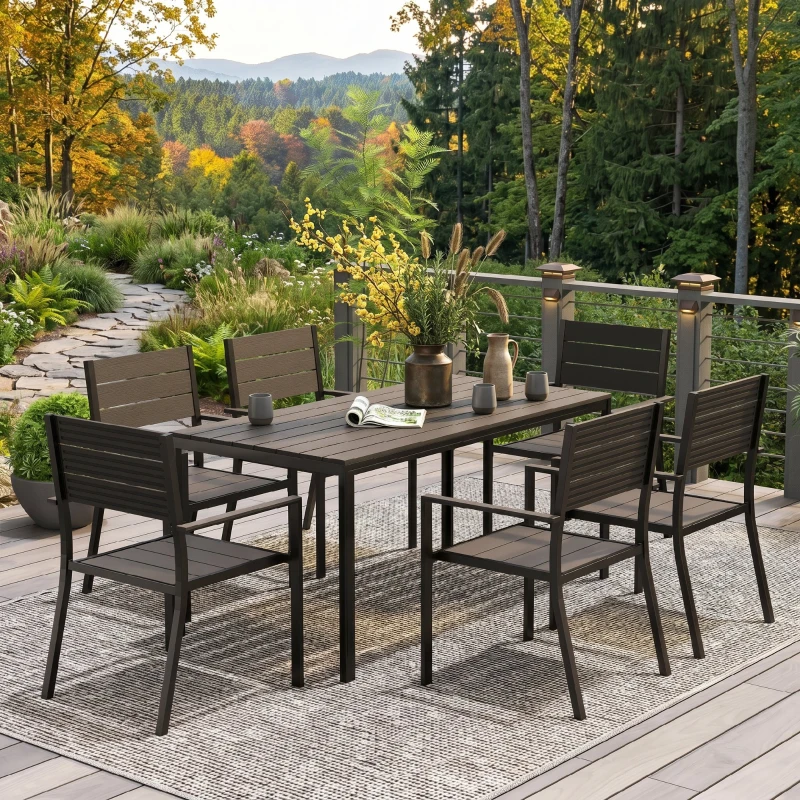 Outsunny Set de Grădină cu Masă de Dining Dreptunghiulară și 6 Scaune Stivuibile cu Mânere, Maro