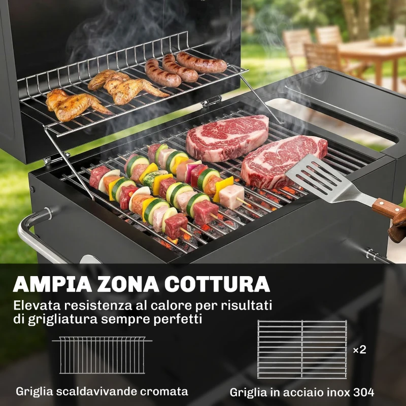 Outsunny Barbecue a Carbone con Termometro per Patio e Giardino, Nero