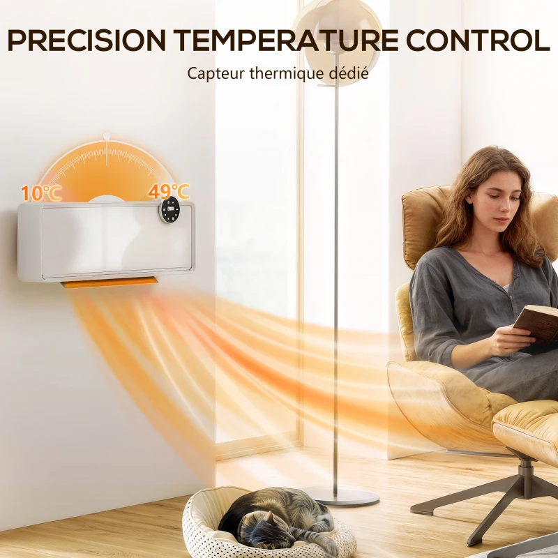 HOMCOM Chauffage mural en céramique 1000/2000W, radiateur électrique, ventilateur, thermostat, minuterie, 54x18,7x12,3cm, blanc