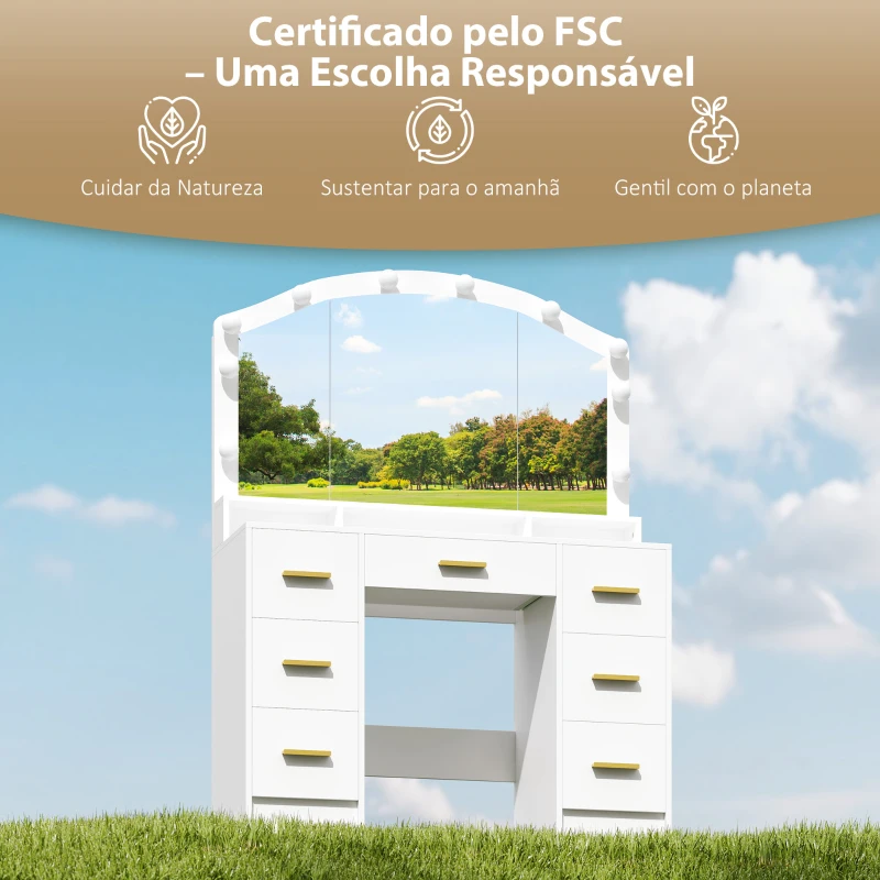 HOMCOM Toucador com 10 Luzes LED de 3 Cores Toucador de Maquilhagem com Espelho  7 Gavetas 3 Compartimentos Moderno 110x40x150 cm Branco