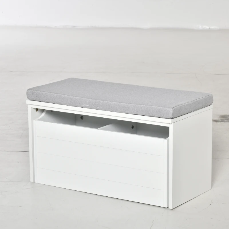 HOMCOM Banc de Rangement avec Coussin Gris - Meuble à Chaussures - Banc à Chaussures avec Grand tiroir Double Compartiment - MDF Blanc