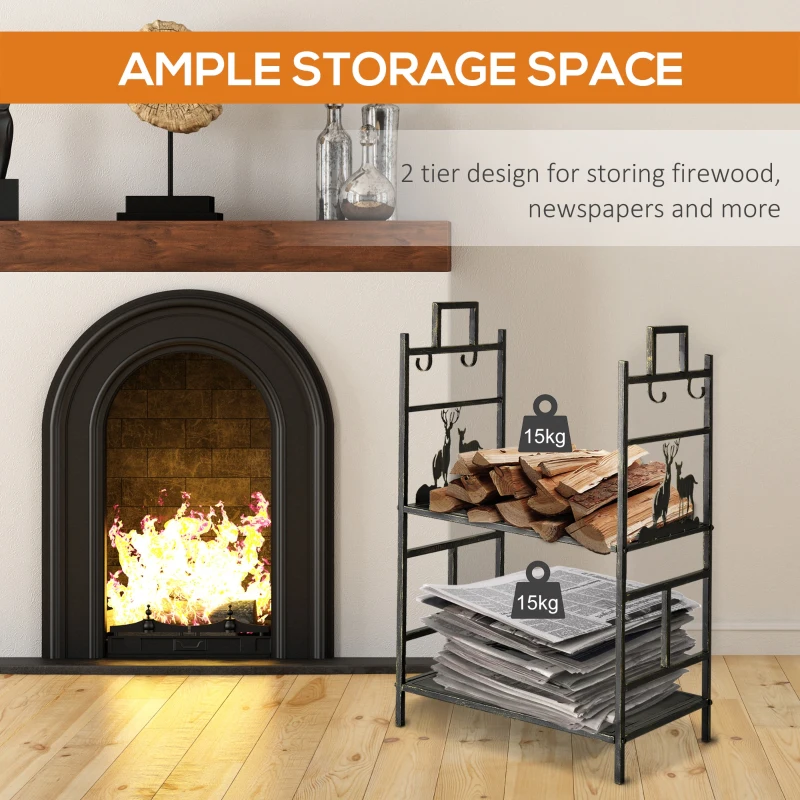 Outsunny 2 Tier Metal Firewood Log Holder Rack Wood Storage Shelf with 4 Tools, Hooks, Elk Shape Design, Gold Tone