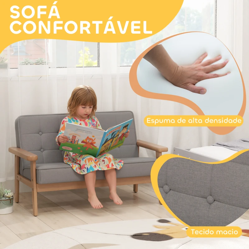 AIYAPLAY Sofá para Crianças de 2 Lugares Poltrona Infantil com Estrutura de Madeira Assento e Encosto Acolchoados 77x42x48 cm Cinzento