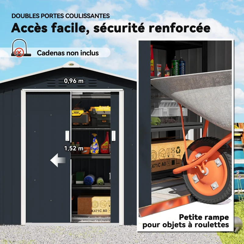 Outsunny Abri de jardin en métal 2,77 m² cabane de jardin 213 x 130 x 185 cm avec fondation, porte coulissante gris foncé