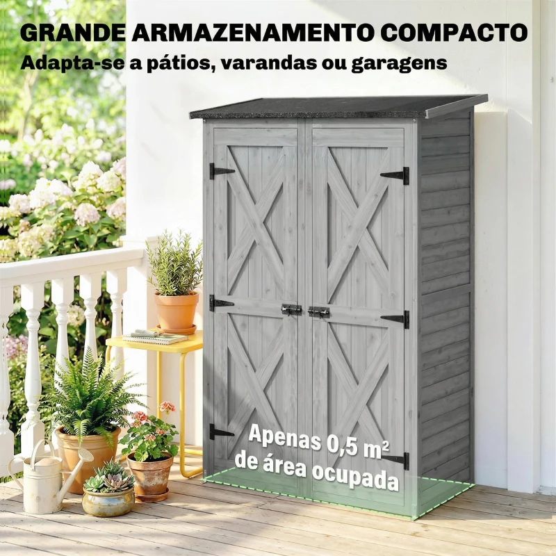 Outsunny Abrigo de Jardim de Madeira 115x53x156 cm Armário Exterior para Ferramentas com Portas Duplas Cinza