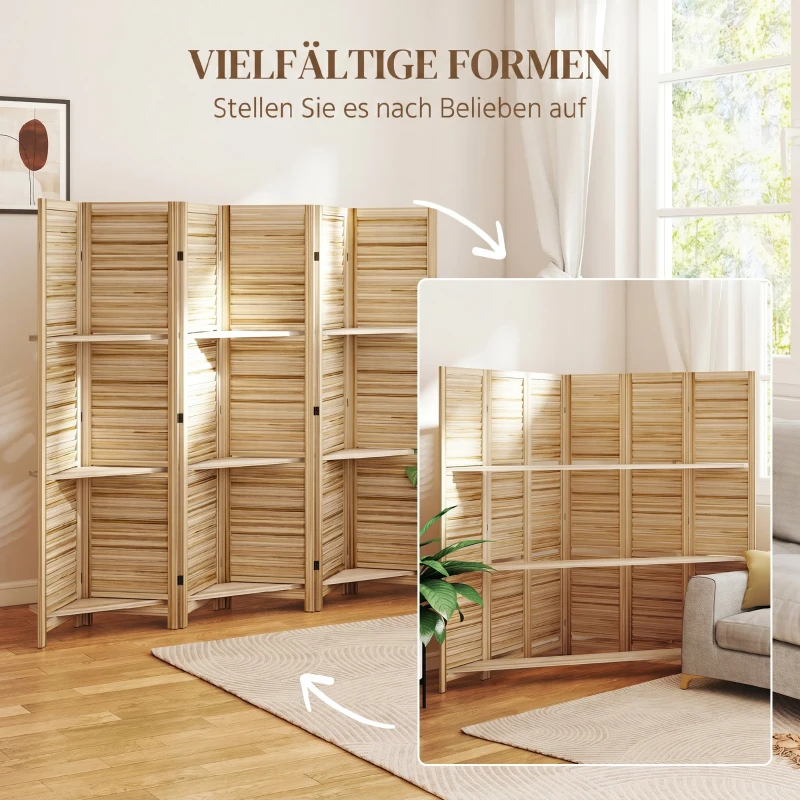 HOMCOM Paravent intérieur en bois 4 panneaux 160 x 170 cm, séparateur de pièce pliable 3 étagères, bois naturel effet brûlé