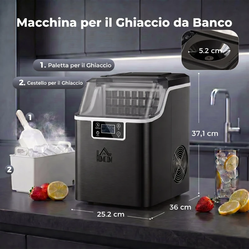 HOMCOM Macchina per Ghiaccio 20kg in 24 Ore, 24 Cubetti in 14-18 Minuti e Sistema Autopulente, Nero