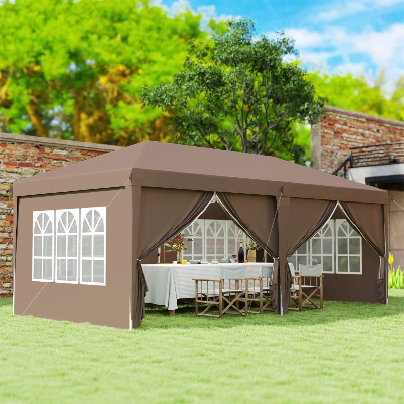 Outsunny Carpa Plegable 6x3 m Pop-up con 4 Laterales Desmontables Cenador de Jardín con 4 Ventanas y Bolsa de Transporte Café