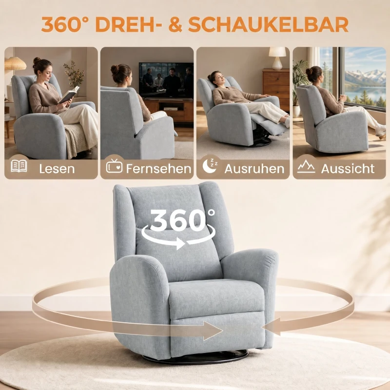 HOMCOM Relaxsessel, Drehbarer Fernsehsessel mit Liegefunktion, Breitem Tiefem Sitz, Kratzfestem Stoff für Wohnzimmer, Hellgrau