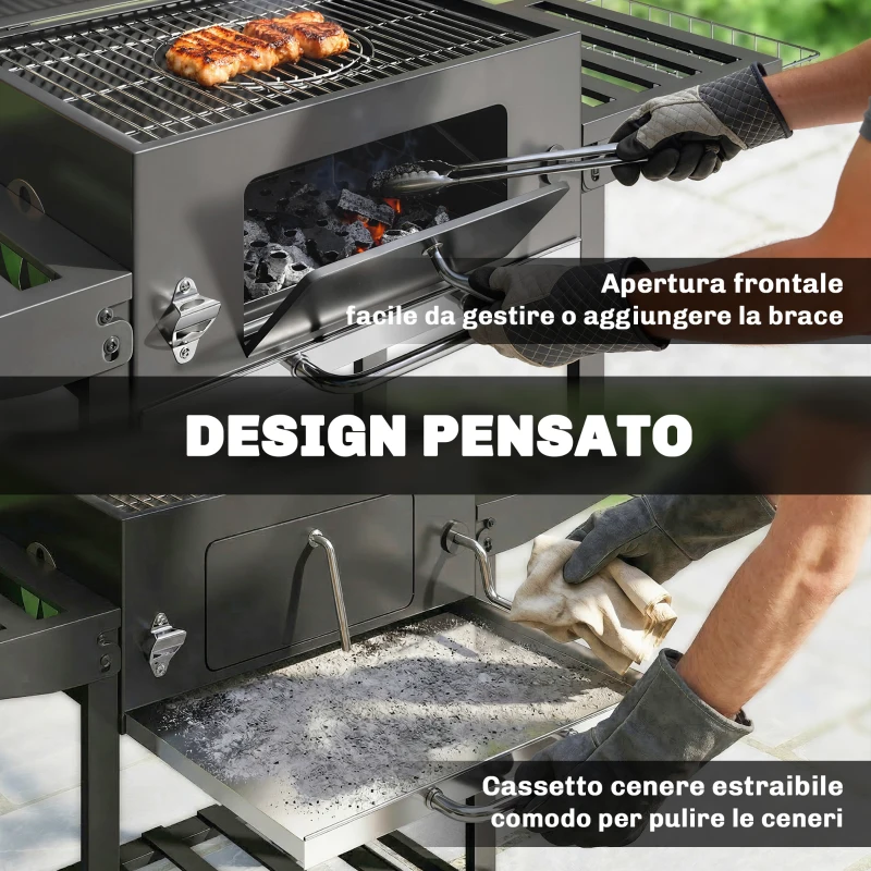 Outsunny Barbecue a Carbone a Rotelle con Griglia Regolabile e Ripiani Pieghevoli, in Acciaio e PP, 133.5x65x110 cm, Nero