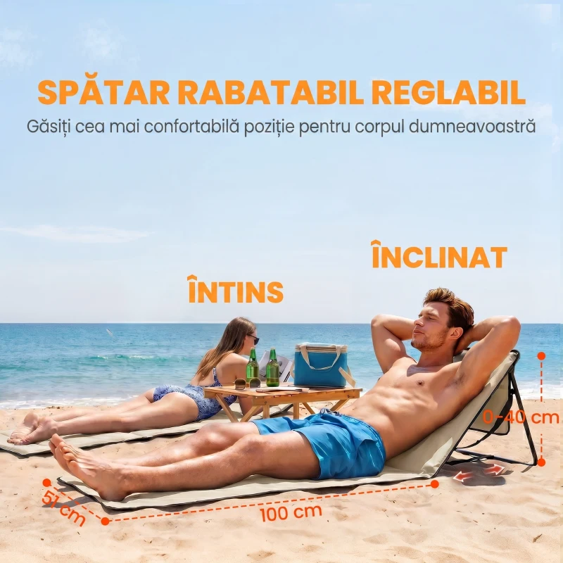 Outsunny Set 2 Șezlonguri Pliabile cu Unghi Reglabil și Buzunar cu Fermoar, 142x51x40 cm, Albastru