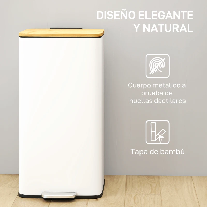 HOMCOM Cubo de Basura Cocina con Pedal 20L Tapa Cierre Suave Cubo Interior Extraíble 29,5x29,5x56,8 cm Blanco y Natural
