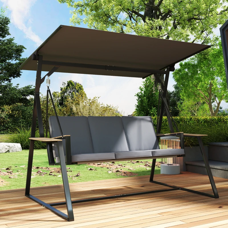 Outsunny 3-Sitzer Hollywoodschaukel Gartenschaukel mit verstellbarem Dach, Kissen und Getränkeablagen, 360 kg Tragkraft, Grau