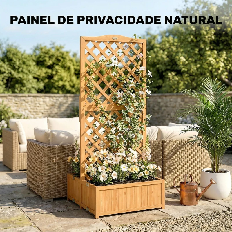 Outsunny Floreira com Treliça de Madeira com 2 Caixas Dobráveis Base de Ripas Vaso Elevado 73x70x170 cm Madeira