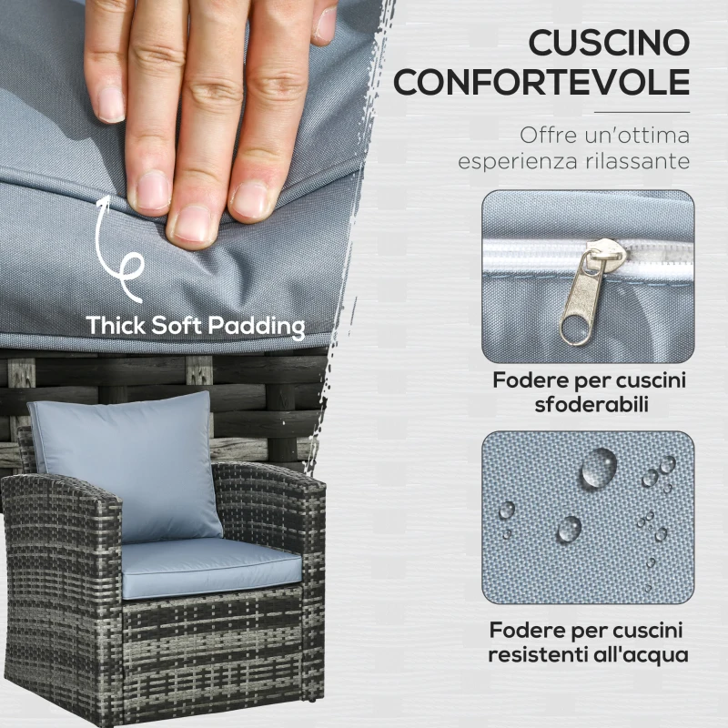 Outsunny Set da Esterno 6 Pezzi con 2 Tavolini Contenitore, 2 Divani e 2 Poltrone, in Rattan e Acciaio, Grigio