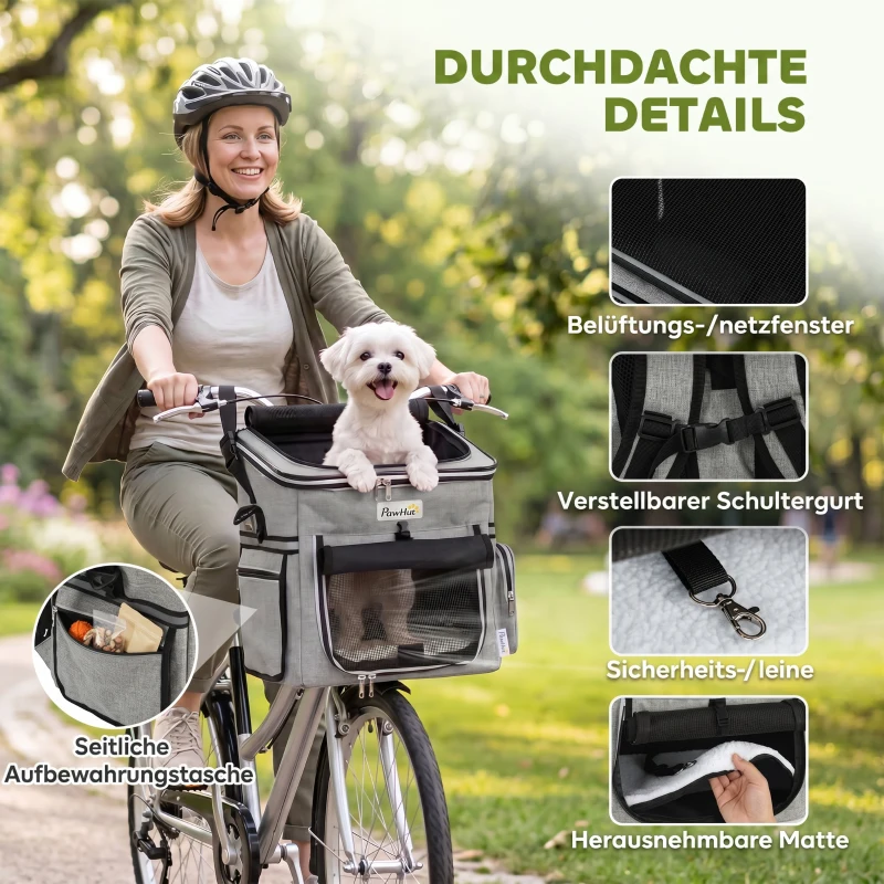 PawHut Hondenmand voor op de Fiets Voorop Draagbaar Hondenfietskorf met Veiligheidslijn Kussen Kom voor Kleine Honden tot 5 kg Lichtgrijs