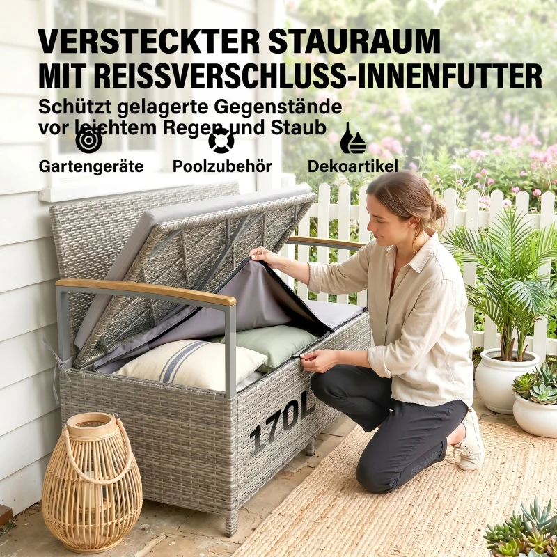 Outsunny Banc de Jardin Banquette avec Coffre de Rangement 170L 2 Places Coussin Déhoussable Résine Tressée 120x60x84cm Gris