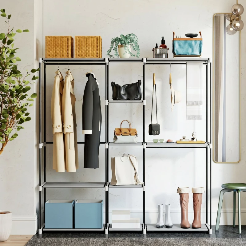 HOMCOM Armoire de rangement, penderie en tissu avec barre de suspension et étagères, 182 x 43 x 185 cm, gris