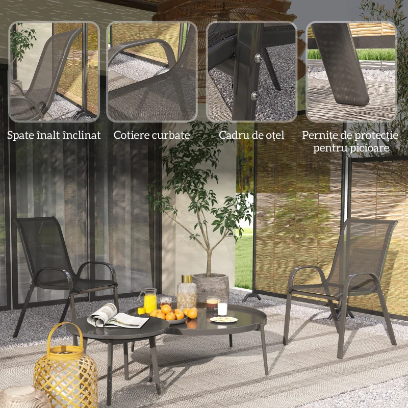 Outsunny Set de 2 Scaune de Exterior pentru Prânz, Scaune Suprapozabile cu Spătar Înalt, Plasă Respirabilă pentru Grădină sau Terasă, Negru