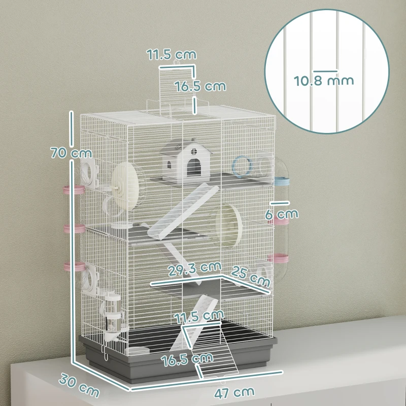 PawHut Gabbia per Criceti a 4 Livelli e 16 Tubi con Casetta, Rampa, e Accessori, in Metallo e Plastica, 47x30x70 cm, Grigio