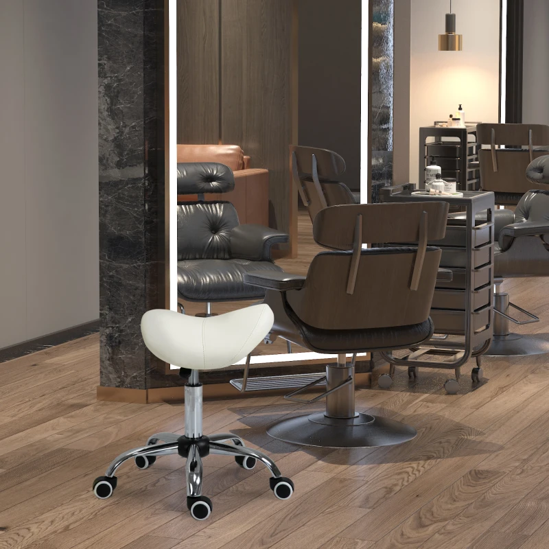 HOMCOM Height Adjustable Saddle Stool with Swivel Wheels, Faux Leather Salon Chair for Hairdressing, Beauty, Tattoo, White(m-12)