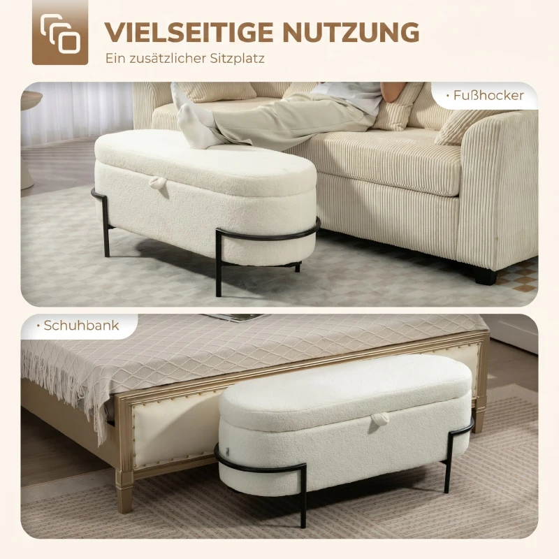 HOMCOM Banc de rangement, banc coffre de rangement en tissu bouclette avec couvercle relevable et pieds en acier, crème