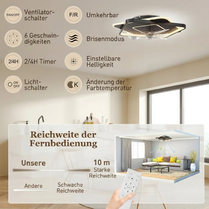 HOMCOM Deckenventilator mit Licht und Fernbedienung, LED-Deckenventilator mit 6 Geschwindigkeiten, 3 Farbtemperaturen