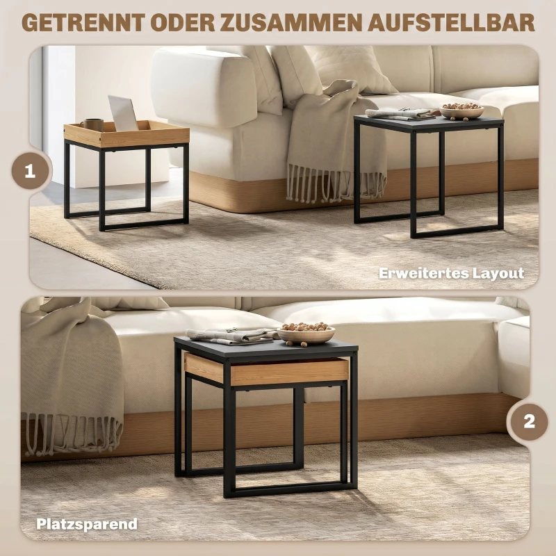 HOMCOM Lot de 2 tables basses gigognes carrées, tables gigognes de salon avec cadre en acier, style moderne, noir