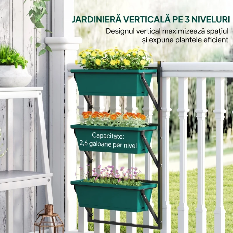 Outsunny Jardinieră de Exterior Verticală cu 3 Ghivece din Plastic cu Orificii de Drenaj, 56x42x100 cm, Verde