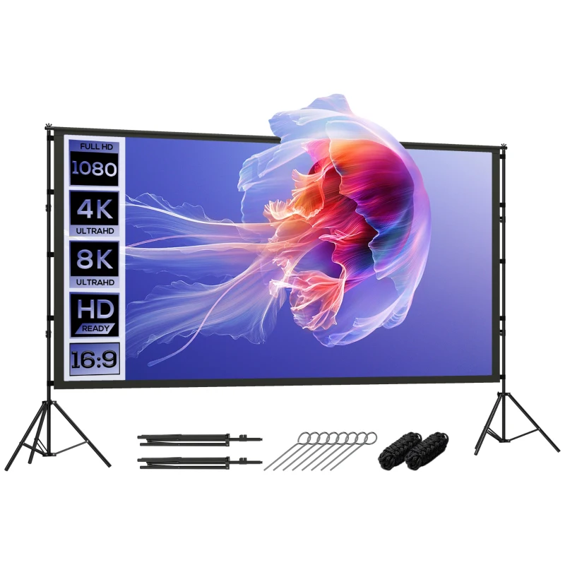 HOMCOM Ecran pentru Proiector 120" 16:9 HD 4K/8K, Unghi de Vizualizare 160°, Dublă Față și Trepied Pliabil, Alb