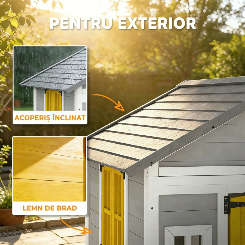 Outsunny Căsuță din Lemn pentru Copii 3-8 Ani, Căsuță de Grădină cu Ferestre, Acoperiș Înclinat, Ghivece și Jardiniere, Gri, Galben, Alb