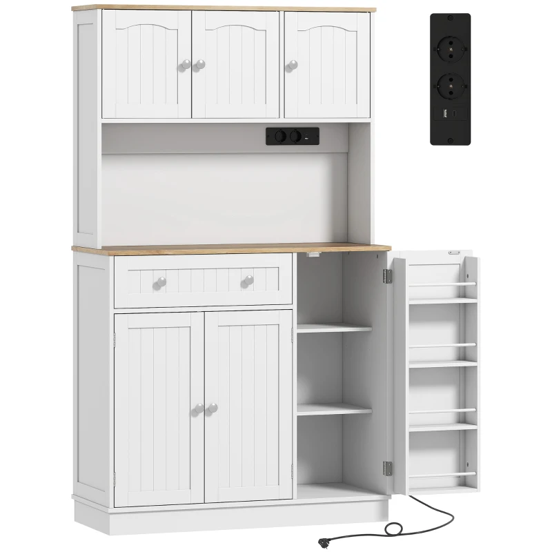 HOMCOM Buffet haut cuisine, armoire de cuisine, station de charge, 6 portes, plan de travail, porte-épices, 100x40x173cm, blanc(m-12)